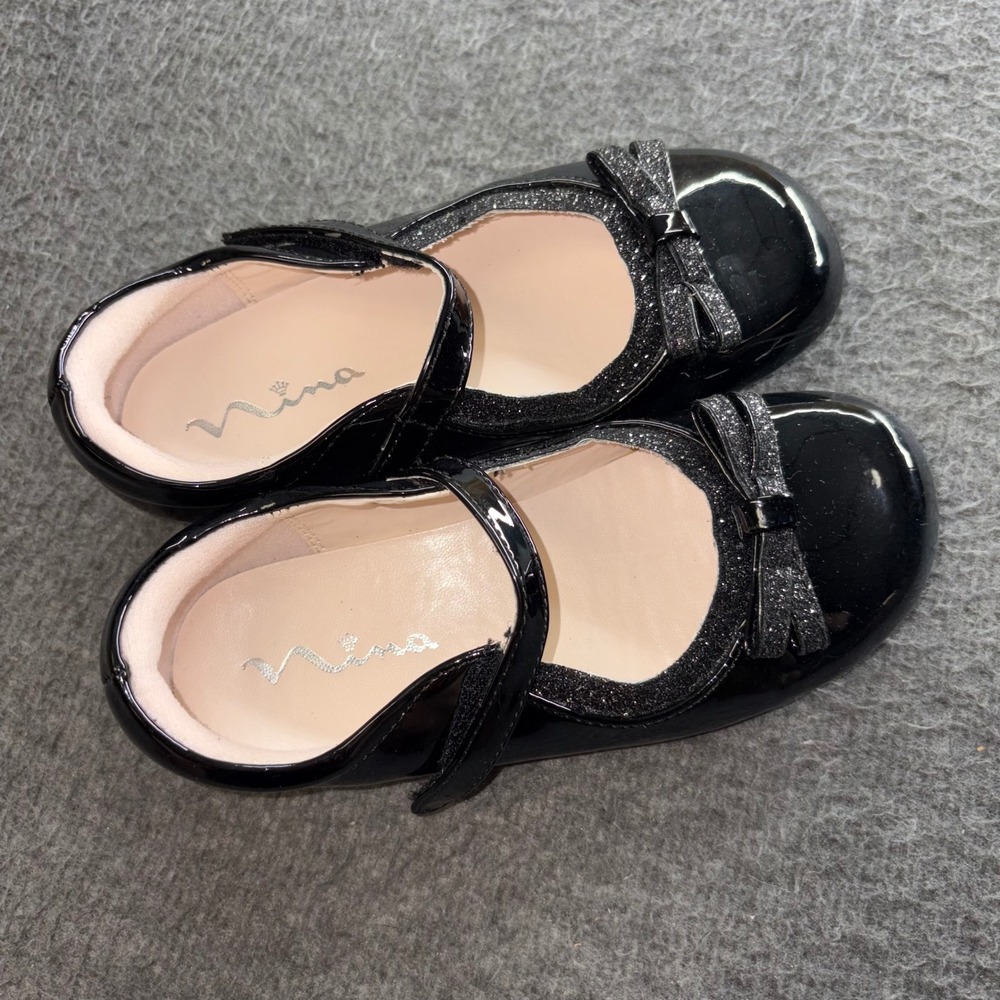 Nina Girls Black Patent Mary Jane Flats Glitter Bow Dress Shoes Size 11M K200313